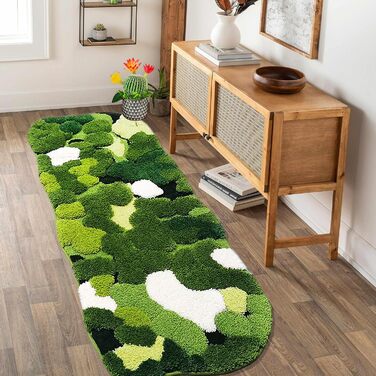 Килимок для ванної кімнати з м'яким зеленим мохом, 61 x 152 см, Boho стиль, антиковзаюча, швидковисихаюча, для ванної, кухні, спальні