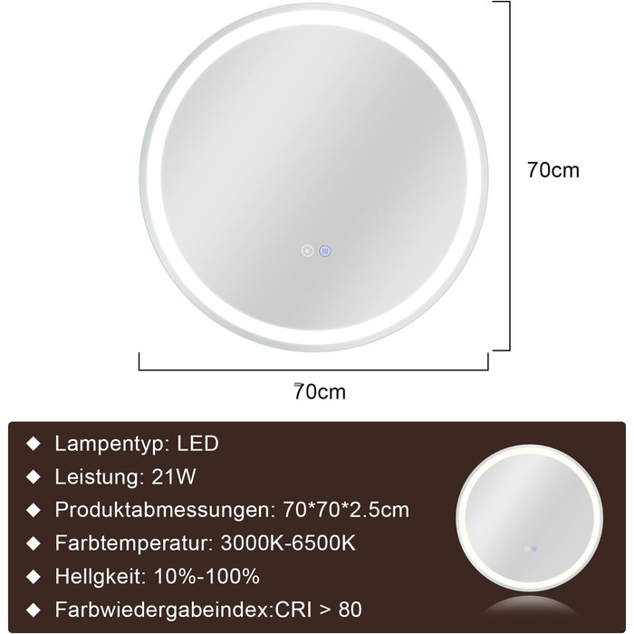 Дзеркало для ванної кімнати Mursche з підсвічуванням LED, 50x70 см, IP44, сенсорний вимикач, годинник, антизапарник, регулювання яскравості 3000K-6500K