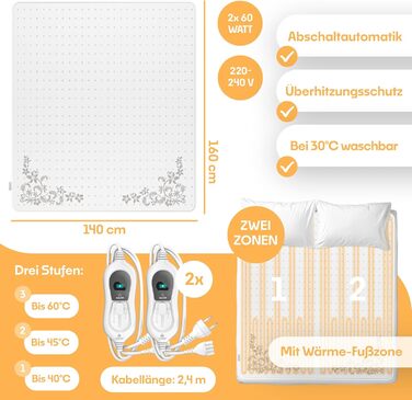 Електрична ковдра KESSER® з двома зонами нагріву та автовимкнення | Ковдра з 3 температурними режимами | Підстилка під ковдру | Тепла ковдра з м'якого флісу, біла (160 x 140 см)