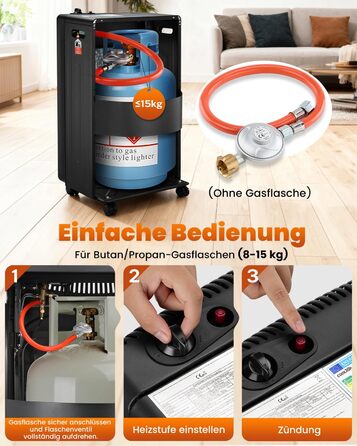 Газовий обігрівач Cooltop 4200W з керамічним нагрівачем, для дому, на бутан/пропан, без балончика, з регулятором та шлангом (чорний)