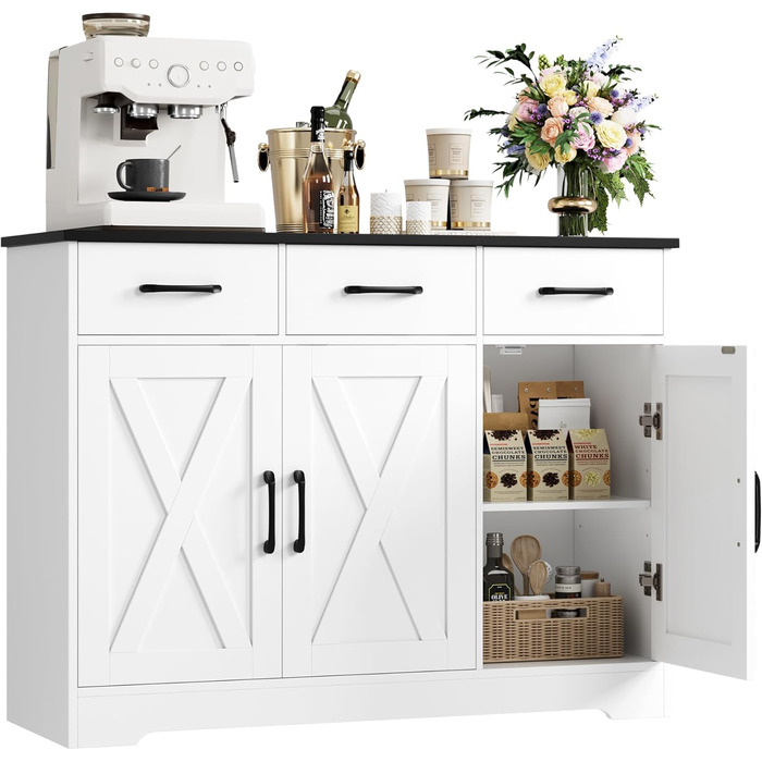 Сервант HOCSOK з 3 шухлядами та 3 дверцятами для кухні, буфет з робочою поверхнею, для вітальні, їдальні, з дерева, білий & коричневий (білий & чорний)
