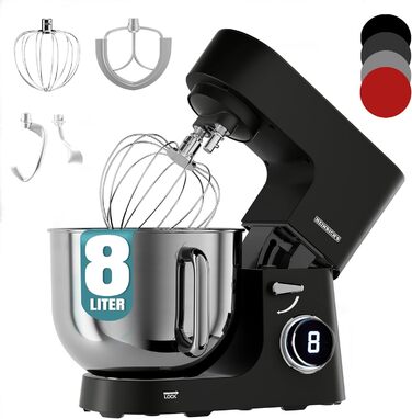 Кухонна машина Heinrichs 2500W з подвійним гаком для тіста, міксером та вінчиком, 8 швидкостей, чаша 8л з нержавіючої сталі, чорна
