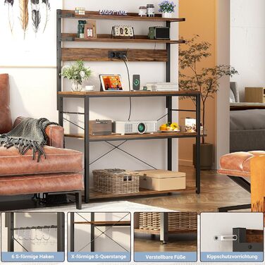 Кухонна полиця-стійка з розеткою, підставка для мікрохвильовки, 5-ярусна кавобар з LED-підсвічуванням, полиця для спецій, каструль та сковорідки, коричнева, 80 см