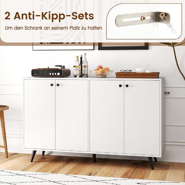 COSTWAY Комод-тумба з 4 дверцятами та 5 регульованими полицями, білий, 127,5 x 38 x 80 см. Підходить для вітальні, кухні, їдальні