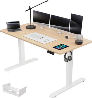 Регульований за висотою стіл Airfish з USB-портом, електричний, з органайзером для кабелів, комп'ютерний/офісний стіл, стоячий стіл з нагадуванням про сидячий режим, 160x80 см, Бежево-білий