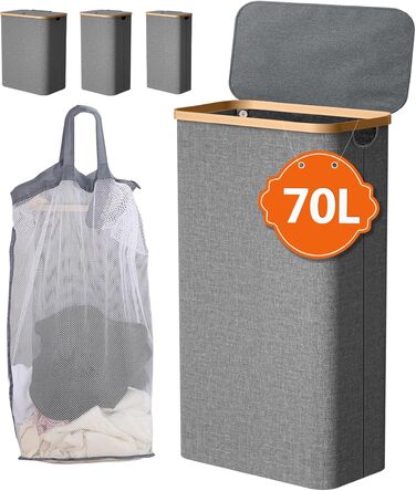 Кошик для білизни з кришкою 70л, вузький, з бамбуковими ручками та внутрішньою кишенею, складний, портативний, для пральні, йоги, темно-сірий 70л