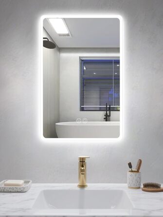 Дзеркало для ванної кімнати Habison з підсвічуванням LED, 50x70 см, сенсорне керування, регулювання кольору світла, пам'ять, протитуманне покриття, матове, без Bluetooth