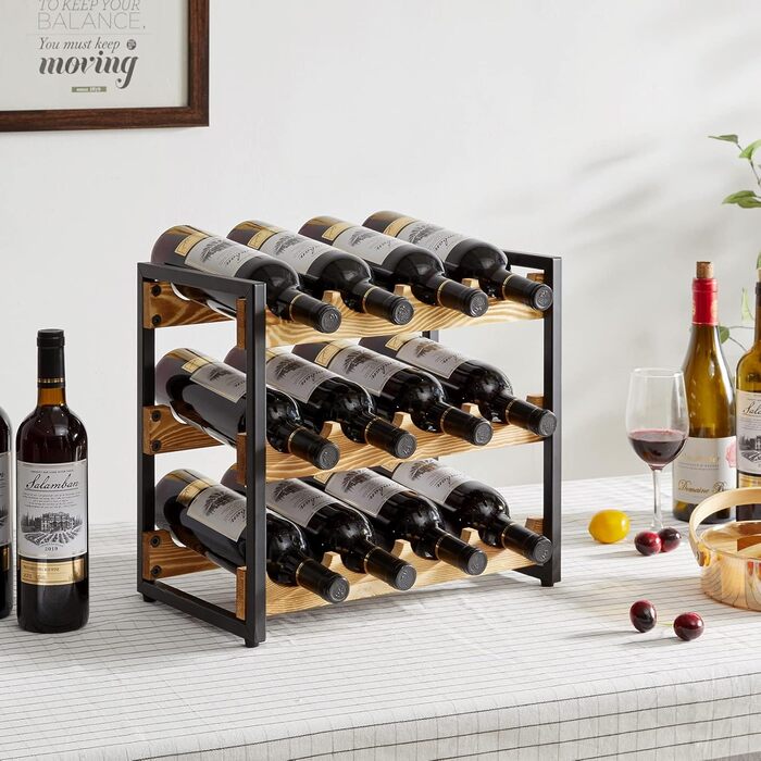 Стеллаж для вина IBUYKE: 3 яруси, 12 пляшок, металевий каркас, дерево, для кухні, бару, вітальні