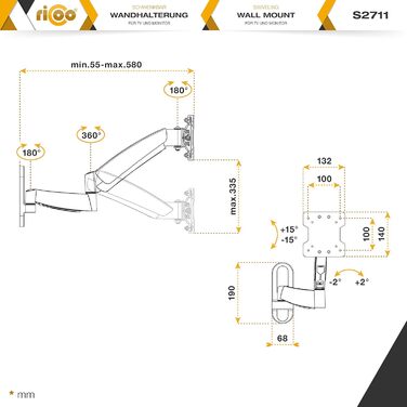 Кріплення для монітора RICOO S2711: поворотне, на газовій пружині, 13-34 дюйми, регулювання висоти, VESA 75/100
