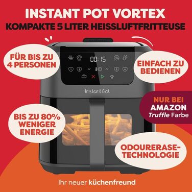 Фритюрниця готує повітрям Instant Pot Vortex Compact Trüffel Grau 5 л з антипригарним покриттям, 4-в-1: смаження, сушка, випікання, підігрів, сімейний розмір
