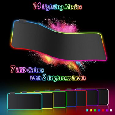 Килимок для миші ігровий RGB 900x400 мм XXL, великий, з підсвічуванням 14 режимів, 7 кольорів LED, вологостійкий, протиковзкий, для комп'ютера, ноутбука, клавіатури, професійний геймер, чорний