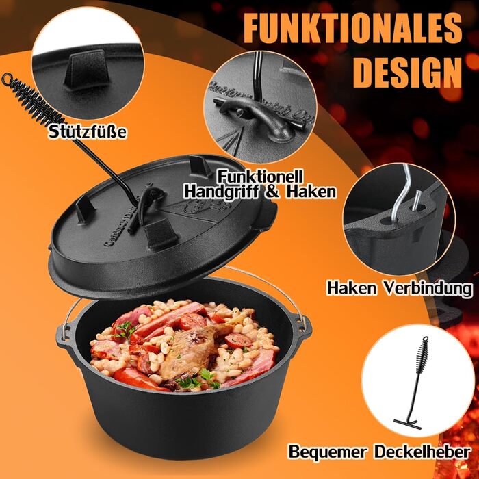 Нідерландський горщик (Dutch Oven), набір 9 літрів, чавунний горщик з кришкою-підйомником, 2-в-1, для приготування їжі на відкритому вогні та в приміщенні, чорний