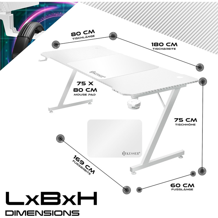 Ігровий стіл KESSER 160x60см Z-подібна форма Гачки для навушників і карбонове покриття Підстаканник чорний