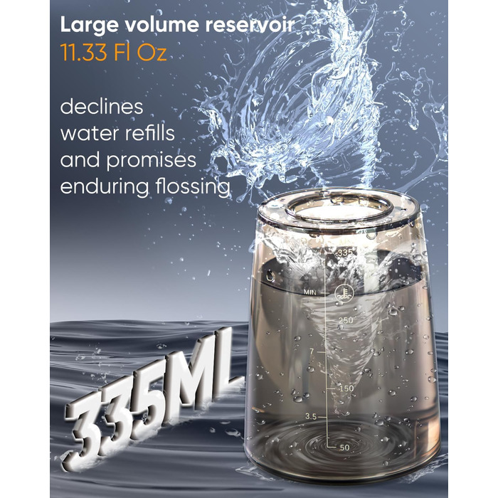 MySmile LP221: Бездротовий ірigator для зубів з UVC стерилізацією, 335 мл, OLED-дисплей, 4 режими, 8 насадок, для дому та подорожей, чорний