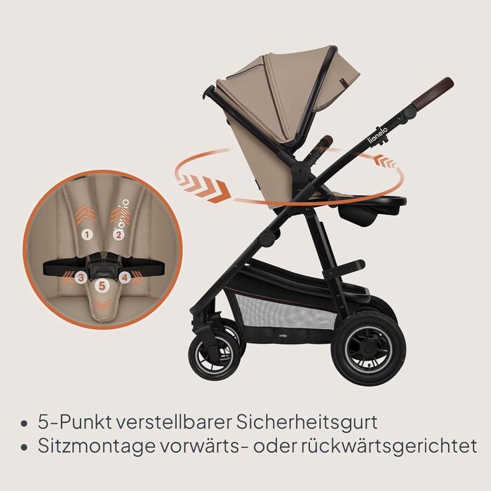 Дитяча коляска Lionelo Amber 3-в-1: люлька, автокрісло i-Size, прогулянковий блок, резина, поворотні колеса, великий капюшон UPF 50+, сумка, москітна сітка, дощовик (Бежево-пісочний)