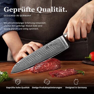 Набір кухонних ножів Wakoli EDIB 3 шт. з дамаської сталі (серцевина VG10) у дерев'яній подарунковій коробці – гострі та ергономічні – набір дамаських ножів з ручками з паккавуда