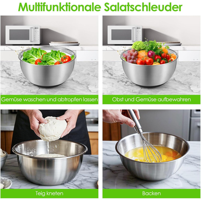 Салатниця-центрифуга з нержавіючої сталі, 4.5L, механічна, для миття та відціджування салатів та макаронів