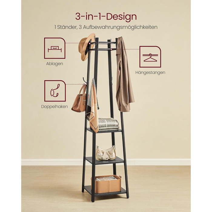 Навісна вішалка для одягу VASAGLE LCR080W09, 8 гачків, 4 полиці, металевий каркас, для шарів, курток, сумок, золо дуб + хмаринний білий