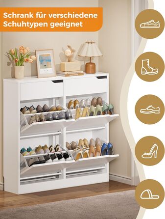 Шкаф для взуття IRONCK з 4 дверцятами, вузький, з 2 висувними ящиками, окремо розташований, з регульованими перегородками, для передпокою, входу та вітальні (Білий) 100*23.5*98 см, Білий