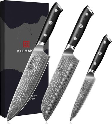 Набір кухонних ножів Keemake Damast 3 шт. з дамаської сталі 67 шарів, ергономічна ручка G10, кухонний ніж, саторі, універсальний ніж. Ідеальний подарунок на День батька