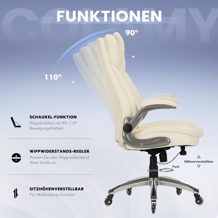 Крісло для офісу Colamy: ергономічне крісло з дихаючої шкіри, підголівник, регульовані підлокітники та м'яке сидіння з пружинним блоком, для дому та офісу (слонова кістка)