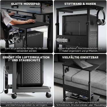 Підставка для ПК з регулюванням висоти PUTORSEN, 2 рівні, з роликами та підкладкою для миші, чорний Full-Tower (до 40 кг/рівень)