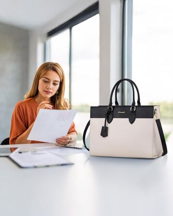 Сумка для ноутбука LOVEVOOK 15.6 дюймів, велика робоча сумка, водонепроникна сумка з PU шкіри, сумка-шоппер, акцентна сумка, сумка для навчання, сумка через плече для бізнесу, роботи, університету, школи (Бежево-чорна, M)