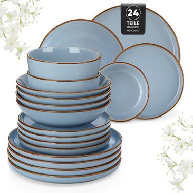 Набір посуду Steingut vancasso LOIRE 24тг. для 6 осіб: тарілки, супові тарілки, десертні тарілки, миски. Сучасний блакитний дизайн, безпечний для мікрохвильовки та посудомийної машини.