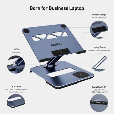 Підставка для ноутбука BENFEI з алюмінію з USB-C док-станцією 6в1, 15W Mag-Safe зарядкою, USB 3.0 KVM Switch, HDMI 4K@60Hz, 4*USB3.0, 100W PD для MacBook Pro/Air iPad Pro XPS Thinkpad