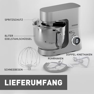 Кухонна машина Heinrichs 2500W з подвійним гаком для тіста, міксером та вінчиком, 8 швидкостей, чаша 8л з нержавіючої сталі, тиха, колір 