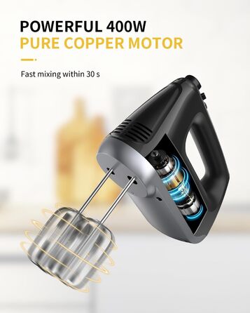 Електричний міксер ручний 6 швидкостей + турбо, без розбризкування, з набором аксесуарів з нержавіючої сталі, 400W, тихий мотор, великий об'єм