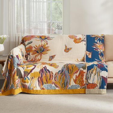 Богемна ковдра Boho Decke 100% бавовна – двостороння муслінова ковдра 150x200 см, м'яка ковдра для дивана та покривало для ліжка, естетичний дизайн, ідеально для вітальні та спальні, помаранчевий/зелений 150 x 200 см, Sommertanz