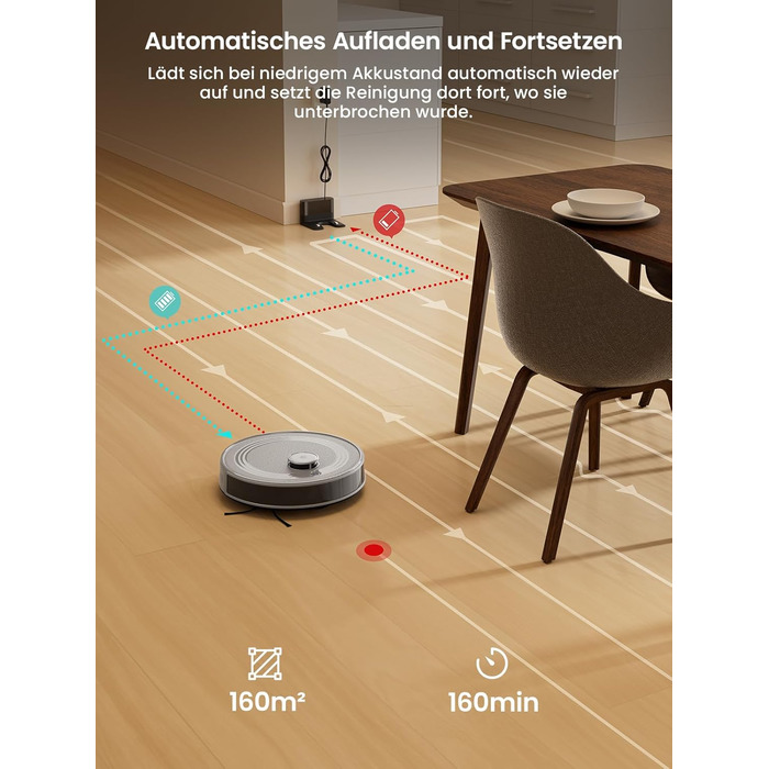 Робот-пилосос LEFANT M2 з функцією миття підлоги, 6000Pa, LiDAR навігація, зони заборони, 140 хв, багатоступеневе картування, для тварин, килимів та твердих поверхонь