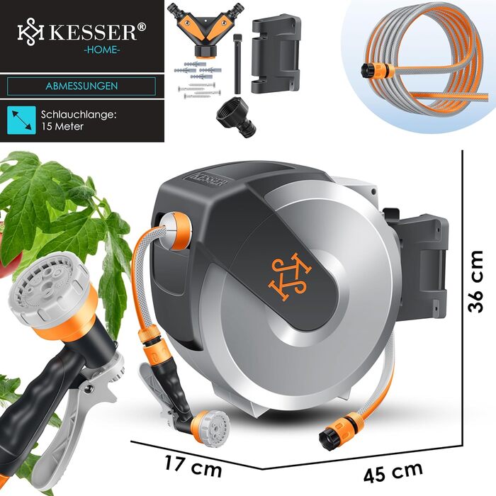 Кесер® барабан для садового шланга з автоматичним підйомом | Шланг для саду на стіну | 15м, сірий | Зручна ручна лійка з 7 функціями
