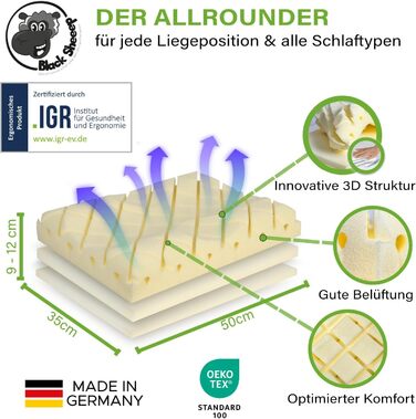 Ортопедична подушка для шиї Black Sheeep з ефектом пам'яті (Memory Foam), ергономічна з чохлом з евкаліпту для алергіків та тих, хто спить на боці, Made in Germany