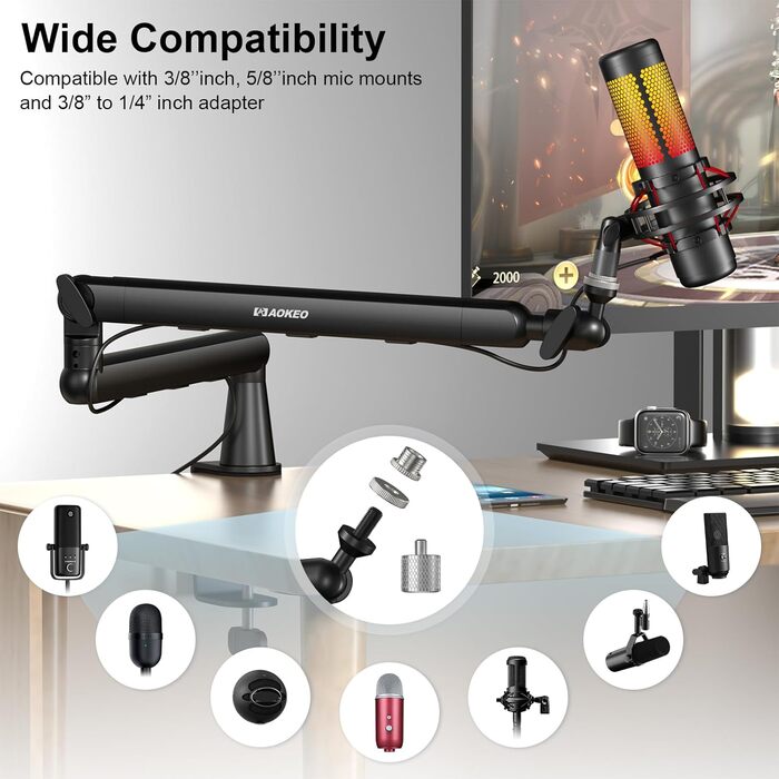 Мікрофонний стійкий тримач Aokeo AK-55 для столу, низькопрофільний, регульований, сумісний з Aokeo Yeti, Snowball iCE, HyperX QuadCast, SoloCast, Elgato Wave (Чорний)