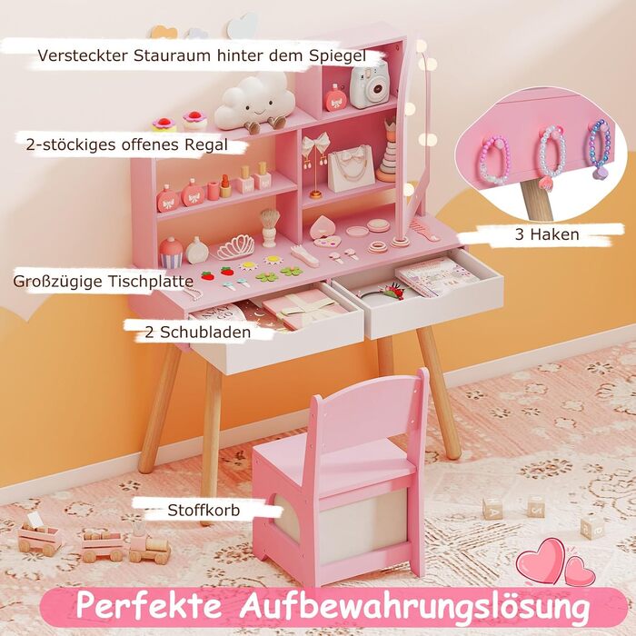 Детський туалетний столик COSTWAY 2-в-1 зі стільчиком та дзеркалом, з LED-підсвіткою, 2 шухляди, для дівчаток 3-7 років (Рожевий)