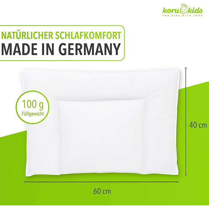 Дитяча подушка Koru Kids® 40x60 см – 100% бавовна, Oeko-Tex, Made in Germany, наповнювач 100г пуху