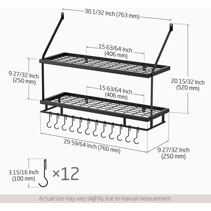 Кухонна полиця для каструлі та посуду з 12 гачками, настінне кріплення 75 см, чорний матовий