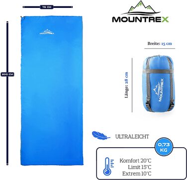 Спальний мішок MOUNTREX - невеликий розмір упаковки і надлегкий (730 г) літній спальний мішок-ковдра-літній спальний мішок на відкритому повітрі-кемпінг, подорожі, фестиваль-розкладний (синій - зліва)