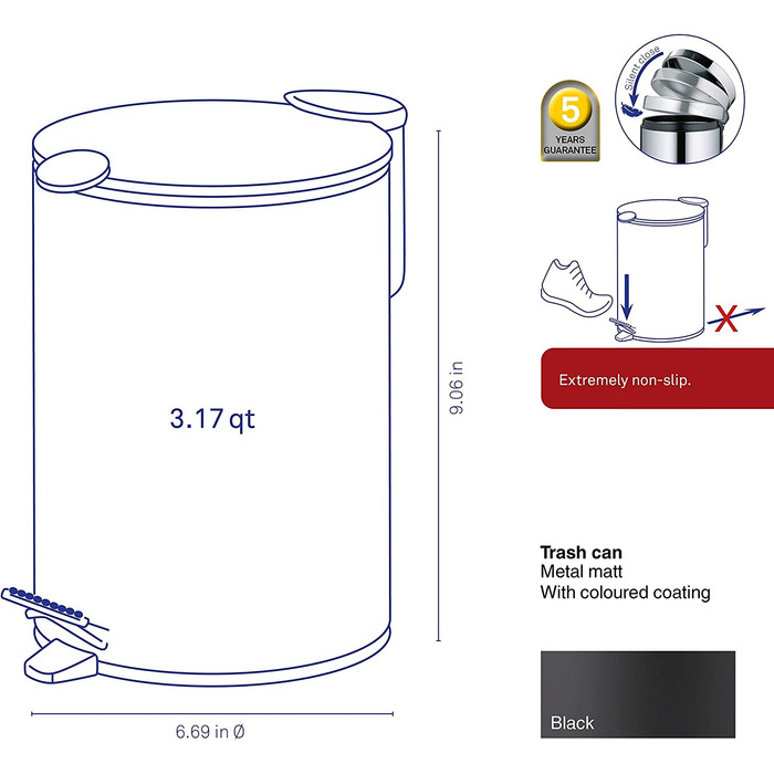 Косметичне відро Kela 23613 об'ємом 3 л, безшумне закривання, металеві килимки, (чорний)