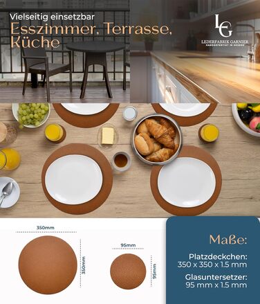 Набори серветок Garnier® з екошкіри, 4 шт. – Миючі, стійкі, з антиковзаючим покриттям – З екологічної переробленої шкіри, Made in Germany (круглі)