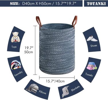Велика корзина для білизни TOTANKI з бавовняної мотузки-40 см (Г) х 50 см (В) - складна плетений кошик з шкіряними ручками для зберігання одягу, підгузників ,іграшок (синя)