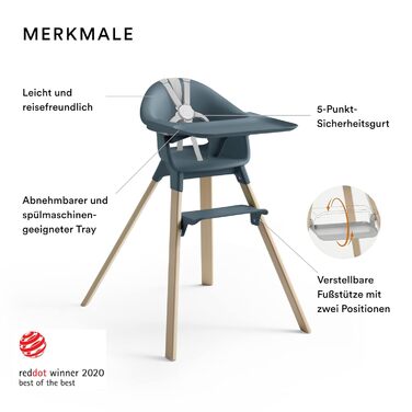 Дитячий стільчик Stokke Clikk, Fjord Blue – комплект з підносом та ременем безпеки, ергономічний, регульований, 6-36 місяців, до 15 кг