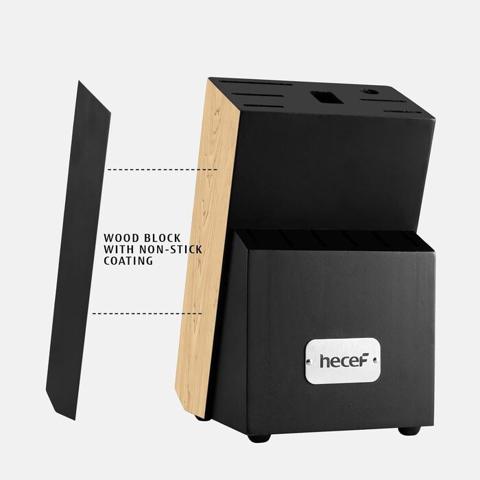 Набір ножів Hecef 14 предметів з дерев'яним блоком, професійний набір кухонних ножів з нержавіючої сталі, з ножицями, ножем для стейка та точилкою (чорний)