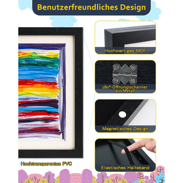 Рамка для дитячих малюнків Ciscle, A3, чорна. Рамка для фотографій та творчих робіт, ідеальна для школи та дому. 1 шт.