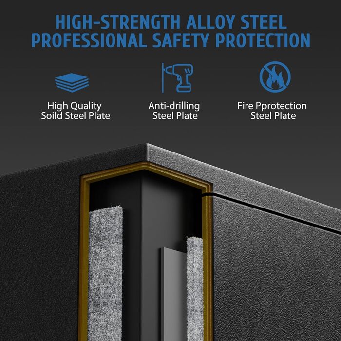 Біометричний вогнестійкий сейф WASJOYE з відбитком пальця, цифровою клавіатурою та зарядкою Type-C, 66L, для дому, офісу, готелю, водонепроникний, для документів та готівки