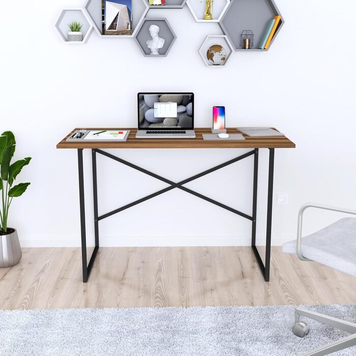 Письмовий стіл Tjeldsund Офісний стіл з металевим каркасом Робочий стіл для домашнього офісу Комп'ютерний стіл в промисловому дизайні (горіх, 120x60x75см)