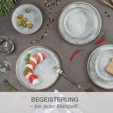 Набір посуду Moritz & Moritz ALHAMBRA на 6 осіб (18 предметів) з високоякісного порцеляну - сучасний сервіз у блакитному кольорі. Включає 6 тарілок, 6 десертних тарілок та 6 салатників. Легкий у догляді.