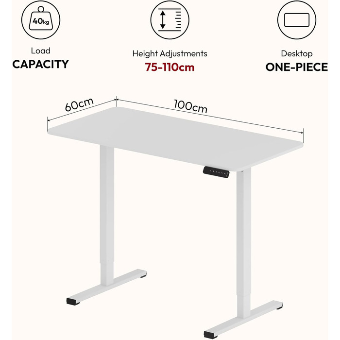Регульований стіл Sanodesk 110x60 см з суцільною стільницею – компактний стоячий стіл для маленьких приміщень, ергономічний та стильний, білий